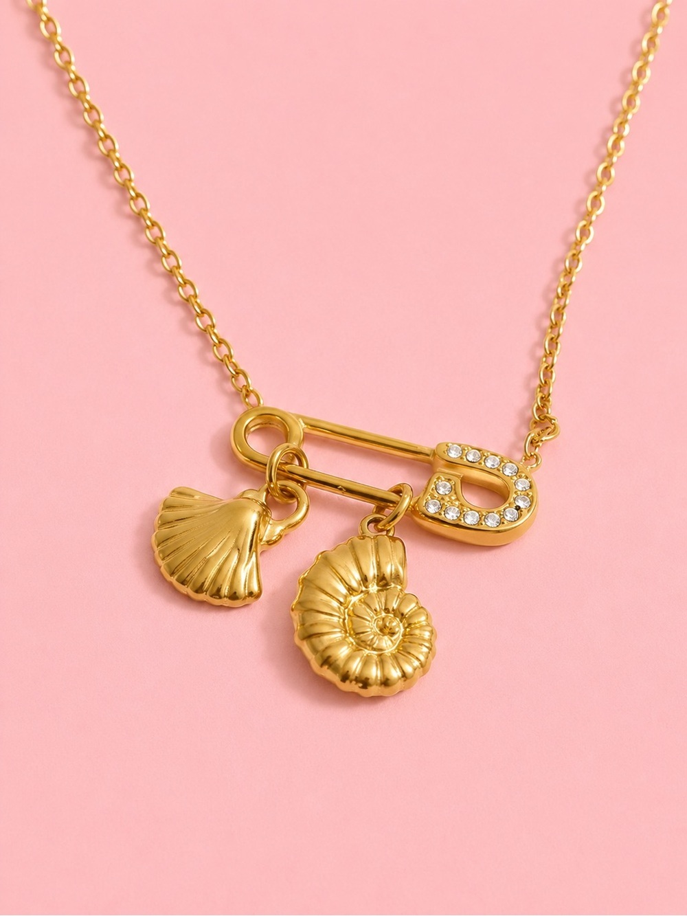Gold Shell Spiral Charm Safety Pin Coastal Ocean Dainty Necklace
